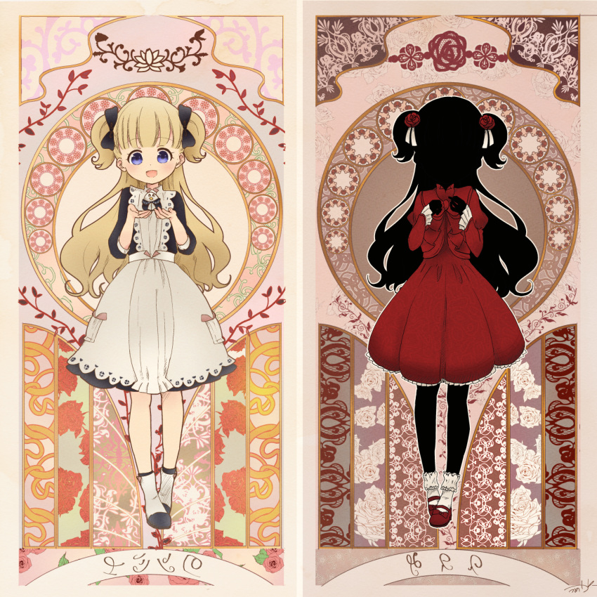 2girls, apron, bangs, black_hair, black_skin, blonde_hair, blue_bow, blue_dress, blue_eyes, blunt_bangs, blush, bow, colored_skin, dress, emilico_(shadows_house), flower, full_body, hair_bow, hair_flower, hair_ornament, highres, kate_(shadows_house), long_hair, long_sleeves, looking_at_viewer, mearian, multiple_girls, open_mouth, pan-chan_(shadows_house), red_dress, red_flower, red_rose, rose, shadow_(shadows_house), shadows_house, smile, standing, tarot, twintails, two_side_up, white_apron
