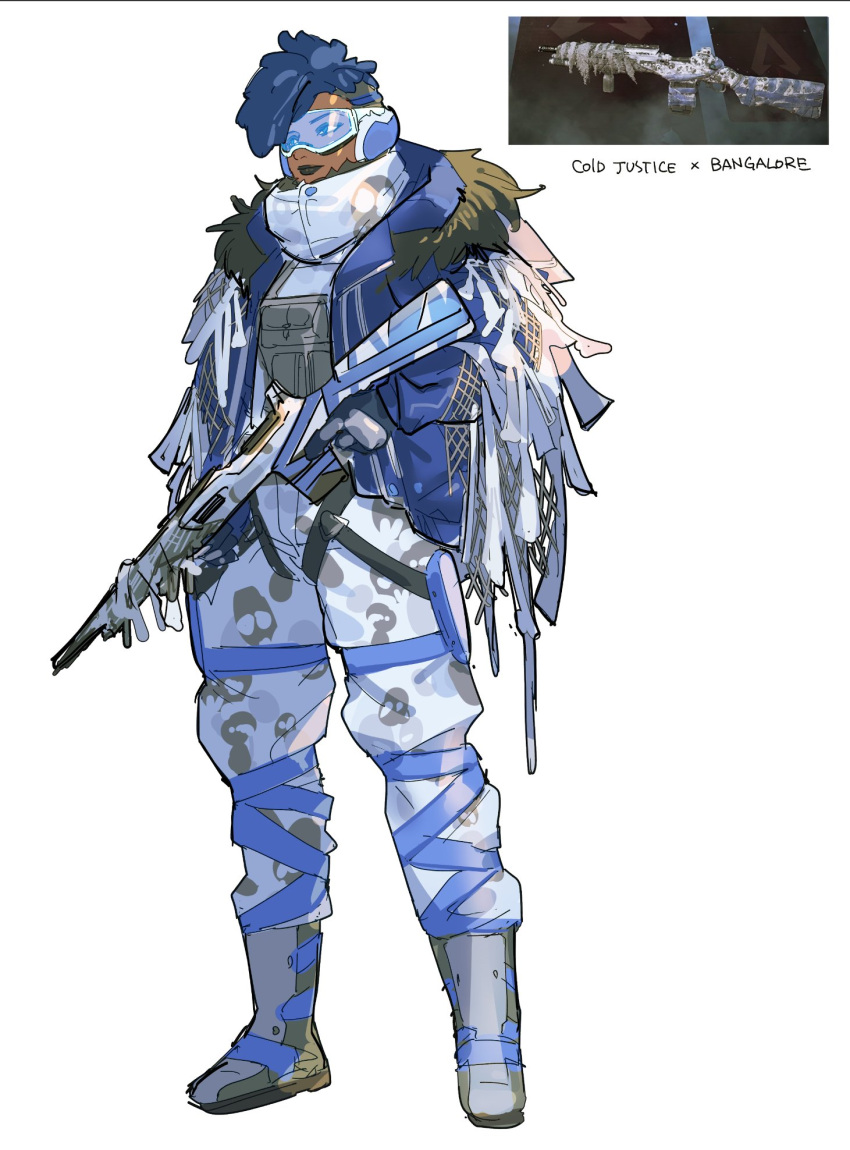 1girl, alternate_costume, animification, apex_legends, bangalore_(apex_legends), blue_gloves, blue_hair, blue_jacket