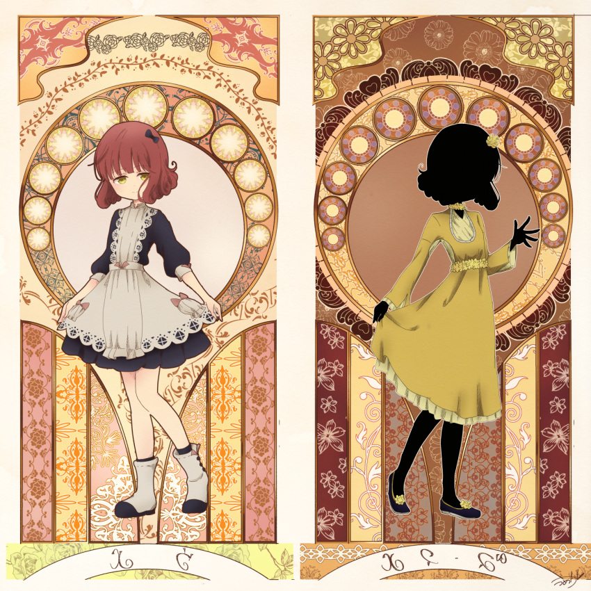 2girls, apron, black_hair, black_skin, bow, card, colored_skin, dress, flower, full_body, hair_bow, hair_flower, hair_ornament, highres, long_sleeves, lou_(shadows_house), louise_(shadows_house), mearian, multiple_girls, playing_card, pocket, redhead, shadow_(shadows_house), shadows_house, shoes, short_hair, smile, tarot, yellow_dress, yellow_eyes, yellow_flower