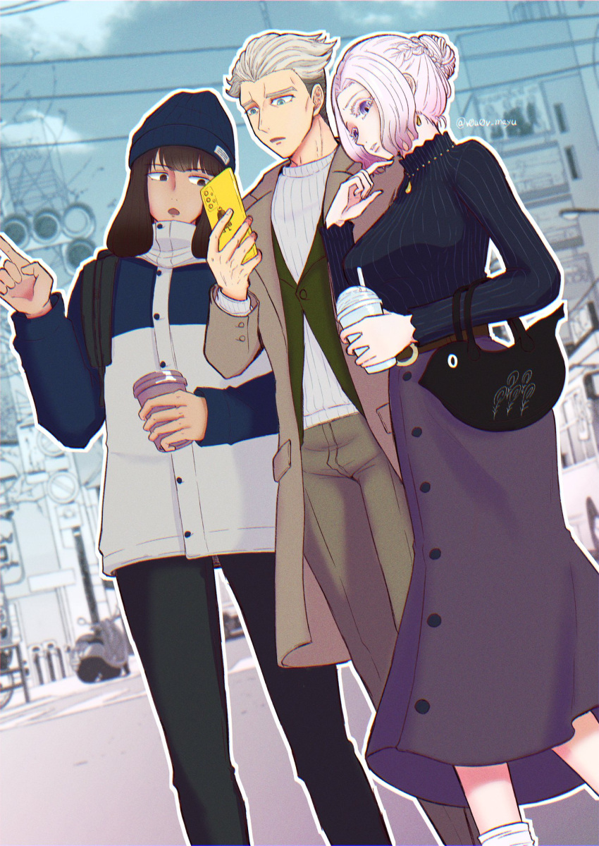 1girl, 2boys, bag, belt, black_hair, blonde_hair, casual, coat, cup, edward_(shadows_house), eileen_(shadows_house), gerald_(shadows_house), hat, highres, holding, jacket, long_skirt, long_sleeves, multiple_boys, nomayu, pants, phone, pointing, shadows_house, short_hair, skirt, standing, turtleneck, white_hair, winter_clothes