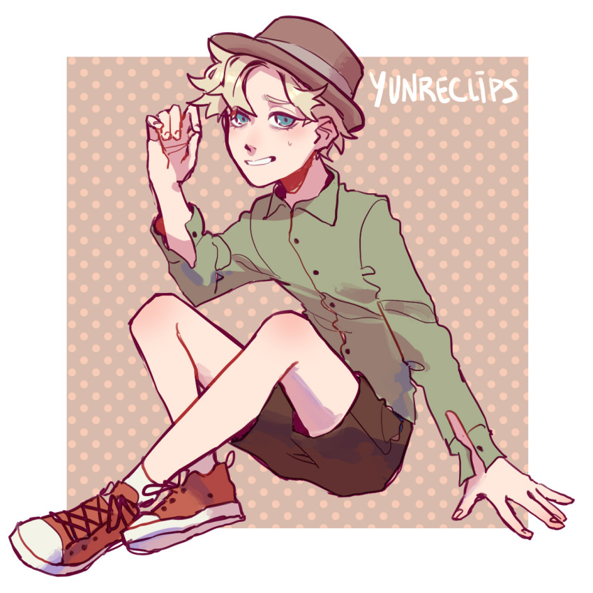 1boy, artist_name, blonde_hair, blue_eyes, buttons, collared_shirt, converse, fedora, fingernails, green_shirt, hat, highres, koyuxim, legs, long_sleeves, looking_at_viewer, male_child, male_focus, nervous_smile, red_footwear, shirt, shoelaces, shorts, simple_background, smile, socks, south_park, sweatdrop, tweek_tweak, white_socks