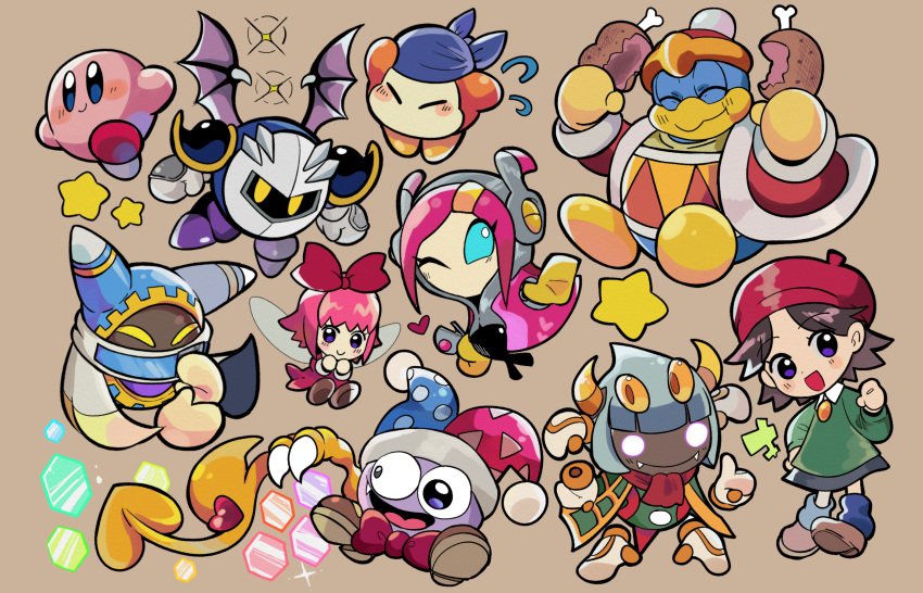 2boys, 3girls, adeleine, armor, bandana, bandana_waddle_dee, bat_wings, beak