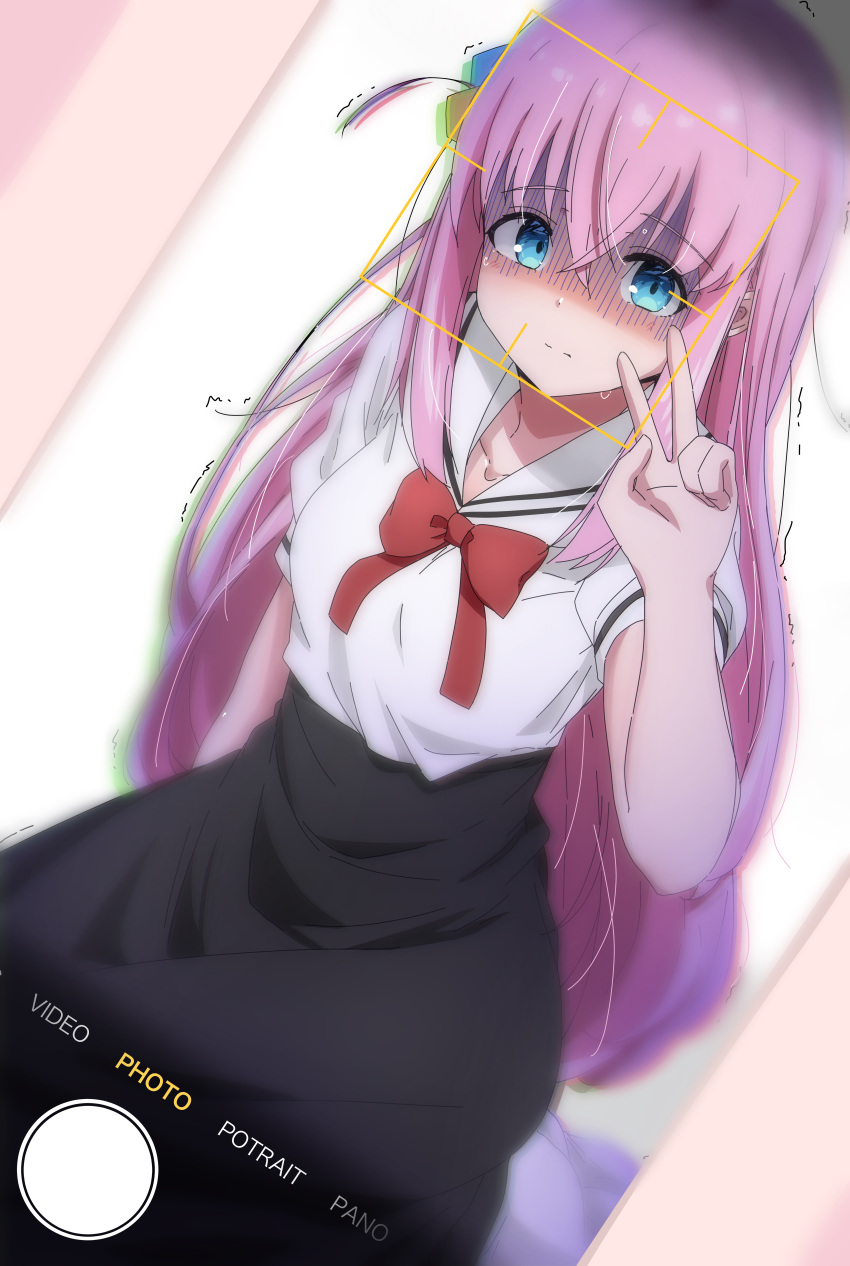 1girl, absurdres, bangs, black_skirt, blue_eyes, blurry, bocchi_the_rock!, bow