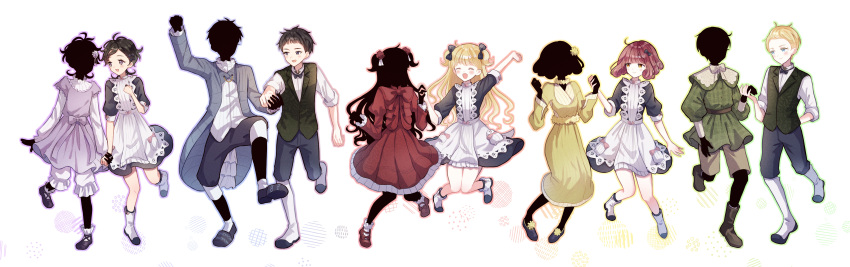 4boys, 6+girls, absurdres, apron, bangs, black_bow, black_hair, black_skin