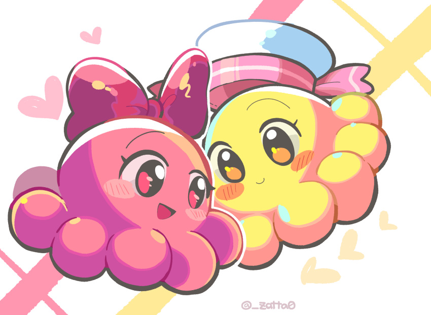:d, artist_name, blush, blush_stickers, bow, chuchu_(kirby), closed_mouth, commentary_request, full_body, hat, heart, highres, kirby_(series), looking_at_another, miru_(milusour), no_humans, nyupun_(kirby), octopus, open_mouth, pink_bow, pink_eyes, sailor_hat, simple_background, smile, twitter_username, white_background, white_headwear, yellow_eyes