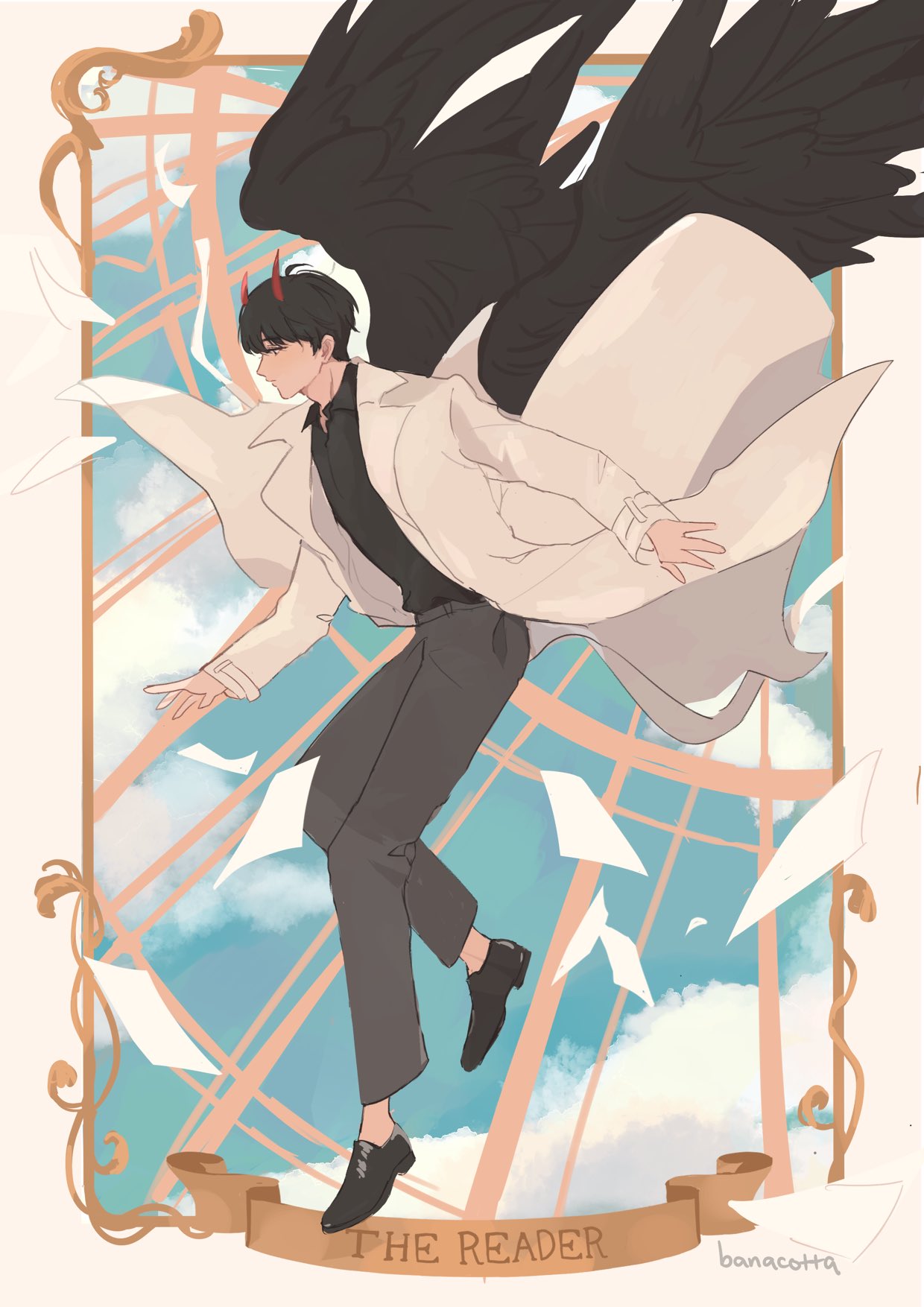 1boy, artist_name, banacotta, bangs, black_footwear, black_hair, black_pants, black_shirt