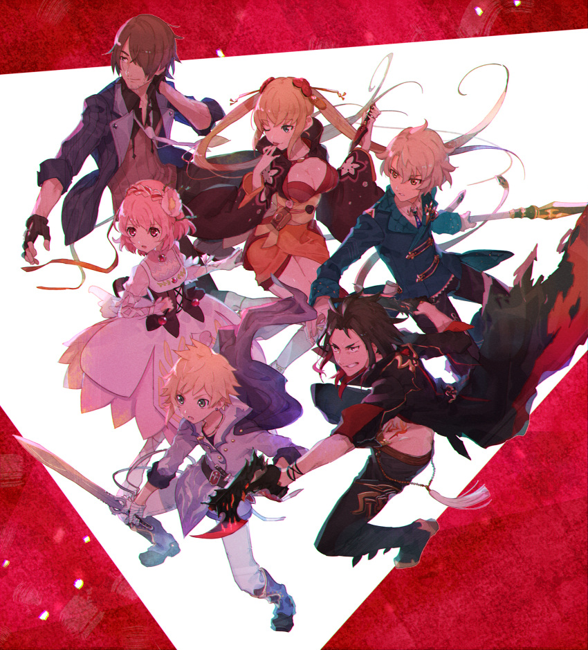 2girls, 4boys, ;p, aegis_alver, bandaged_hand, bandages, bangs, belt, black_corset, black_gloves, black_hair, black_pants, blonde_hair, blue_jacket, boots, braid, breasts, brown_eyes, brown_hair, clenched_teeth, corset, dress, dress_shirt, earrings, everyone, facial_hair, fingerless_gloves, flower, gloves, green_eyes, gun, hair_flower, hair_ornament, hair_over_one_eye, highres, holding, holding_gun, holding_sword, holding_weapon, jacket, japanese_clothes, jewelry, kanata_hjuger, knee_boots, lace, large_breasts, light_brown_hair, looking_afar, midriff, misella, multicolored_hair, multiple_boys, multiple_girls, necklace, necktie, one_eye_closed, orwin_granberg, pants, parted_lips, pink_eyes, pink_hair, polearm, purple_jacket, redhead, shirt, short_hair, sleeves_rolled_up, spear, stomach_tattoo, striped, striped_jacket, sword, tales_of_(series), tales_of_crestoria, tattoo, teeth, tongue, tongue_out, twintails, two-tone_background, two-tone_hair, urabe_(mstchan), vicious_(tales), weapon, white_dress, white_hair, white_pants, white_shirt, yuna_azetta