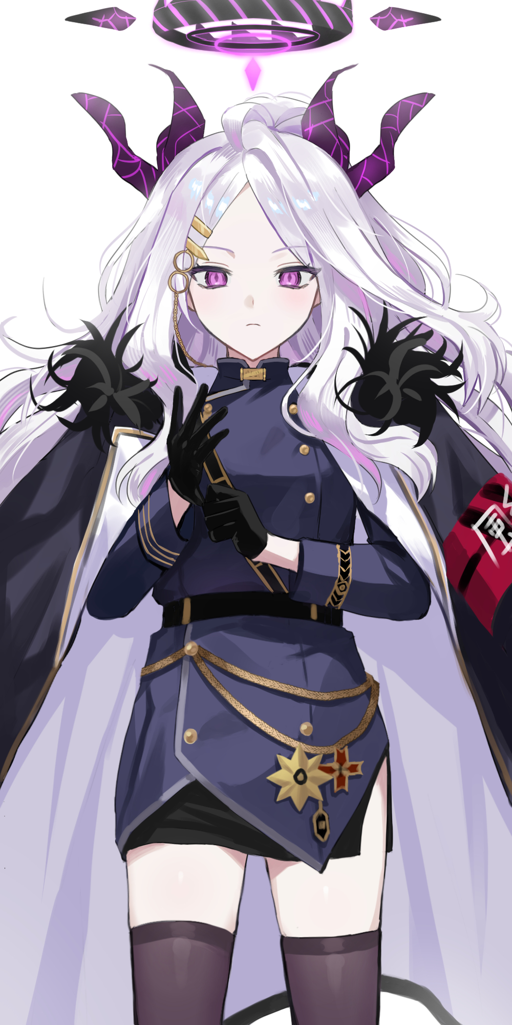1girl, adjusting_clothes, adjusting_gloves, armband, bangs, belt, black_gloves, black_thighhighs, blue_archive, coat, coat_on_shoulders, commentary_request, demon_girl, demon_horns, demon_wings, forehead, fur-trimmed_coat, fur_trim, gloves, hair_ornament, hairclip, halo, highres, hina_(blue_archive), horns, kimu_(user_jtjr2257), long_hair, long_sleeves, looking_at_viewer, military, military_uniform, parted_bangs, pencil_skirt, ponytail, side_slit, sidelocks, simple_background, skirt, solo, thigh-highs, uniform, violet_eyes, white_background, white_hair, wings, zettai_ryouiki