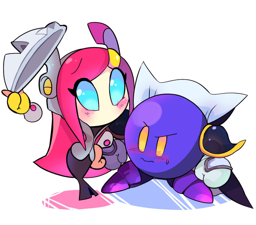1boy, 1girl, armor, bangs, black_cape, black_skirt, blue_eyes, blush, boots, cape, closed_mouth, commentary_request, embarrassed, full_body, gloves, grey_jacket, hand_up, headgear, highres, holding, holding_mask, jacket, kirby:_planet_robobot, kirby_(series), long_hair, mask, mask_removed, meta_knight, miru_(milusour), pink_hair, purple_footwear, raised_eyebrows, shoulder_armor, skirt, solid_oval_eyes, standing, susie_(kirby), sweatdrop, swept_bangs, wavy_mouth, white_gloves, yellow_eyes