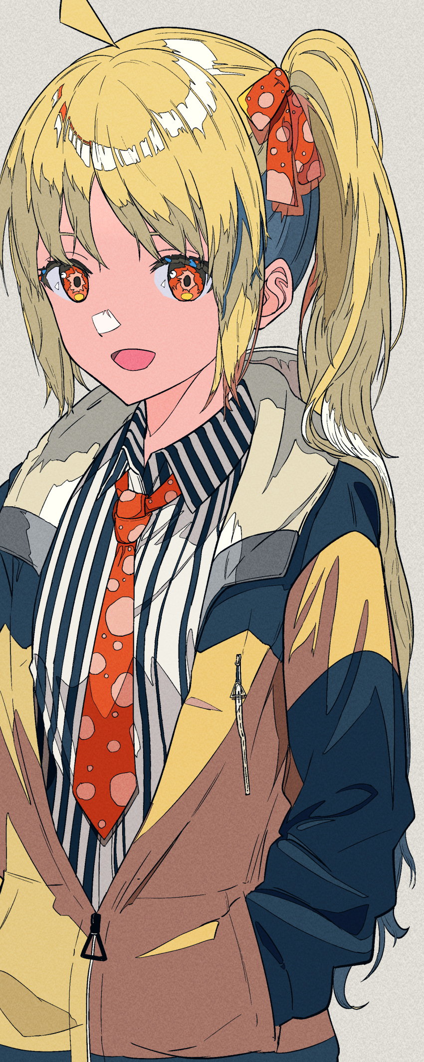 1girl, absurdres, ahoge, bangs, blonde_hair, bocchi_the_rock!, bow, collared_shirt, commentary_request, grey_background, hair_bow, hand_in_pocket, highres, ijichi_nijika, jacket, long_sleeves, medium_hair, natsugu72, necktie, open_clothes, open_jacket, open_mouth, orange_bow, orange_eyes, orange_necktie, parted_bangs, polka_dot, polka_dot_bow, polka_dot_necktie, shirt, side_ponytail, simple_background, smile, solo, standing, striped, striped_shirt, upper_body, vertical-striped_shirt, vertical_stripes, yellow_jacket