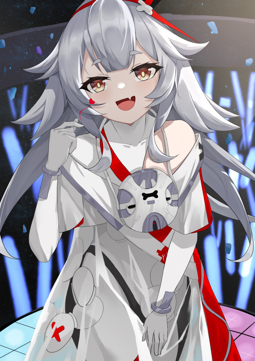 1girl, :d, absurdres, bright_pupils, cowboy_shot, dai_mao_xuan_yi, dress, fang