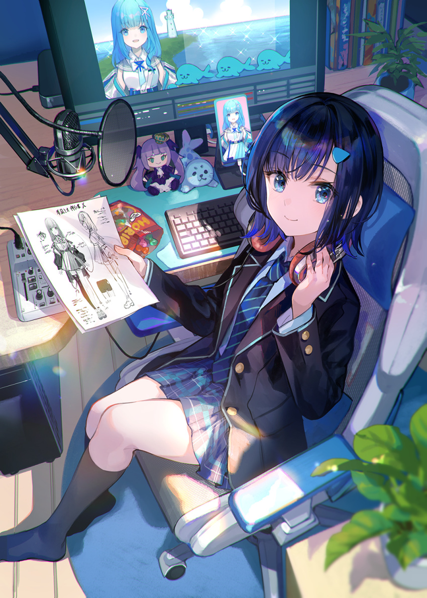 1girl, bangs, black_hair, black_jacket, black_skirt, blazer, blue_eyes, blue_hair, blue_necktie, blush, chair, collared_shirt, commentary_request, computer, fuzichoco, gummy_bear, hair_ornament, hairclip, hand_on_headphones, headphones, highres, holding, holding_picture, indoors, jacket, keyboard_(computer), long_sleeves, looking_at_viewer, microphone, mixing_console, monitor, neckerchief, necktie, office_chair, on_chair, original, plant, pleated_skirt, pop_filter, potted_plant, school_uniform, shirt, short_hair, sitting, skirt, smile, socks, solo