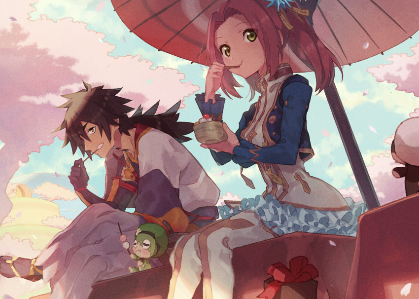 1boy, 1girl, bangs, bienfu_(tales), black_hair, boots, brown_hair, cherry_blossoms