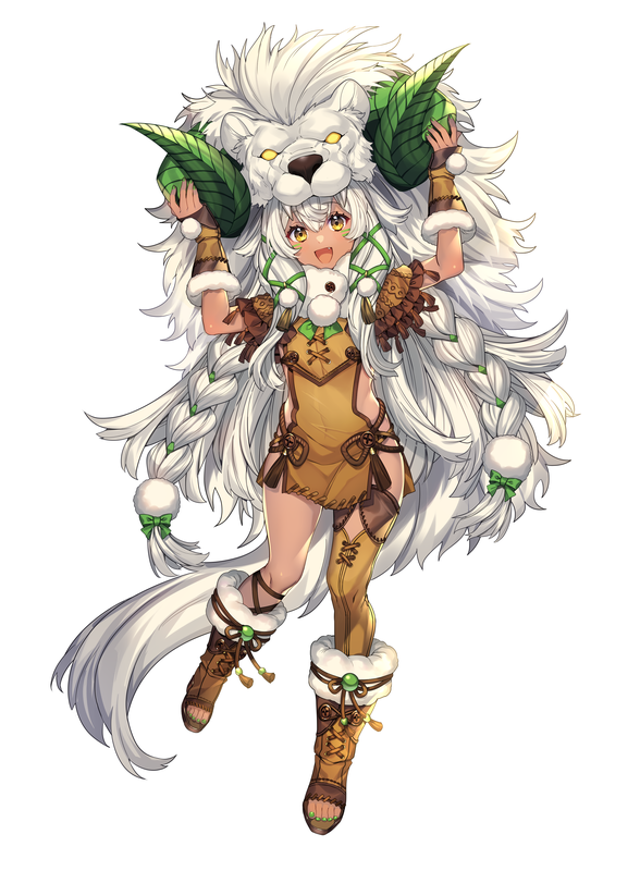1girl, absurdly_long_hair, asymmetrical_legwear, boots, capelet, character_request, commentary_request, copyright_request, dark-skinned_female, dark_skin, fang, full_body, fur_trim, horns, katagiri_hachigou, lion, lion_pelt, long_hair, messy_hair, pelt, solo, toeless_legwear, vambraces, very_long_hair, white_background, white_hair, yellow_eyes