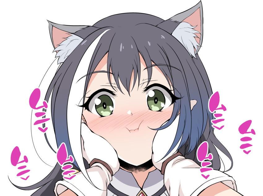 2girls, animal_ear_fluff, animal_ears, blush, cat_ears, cat_girl, close-up, closed_mouth