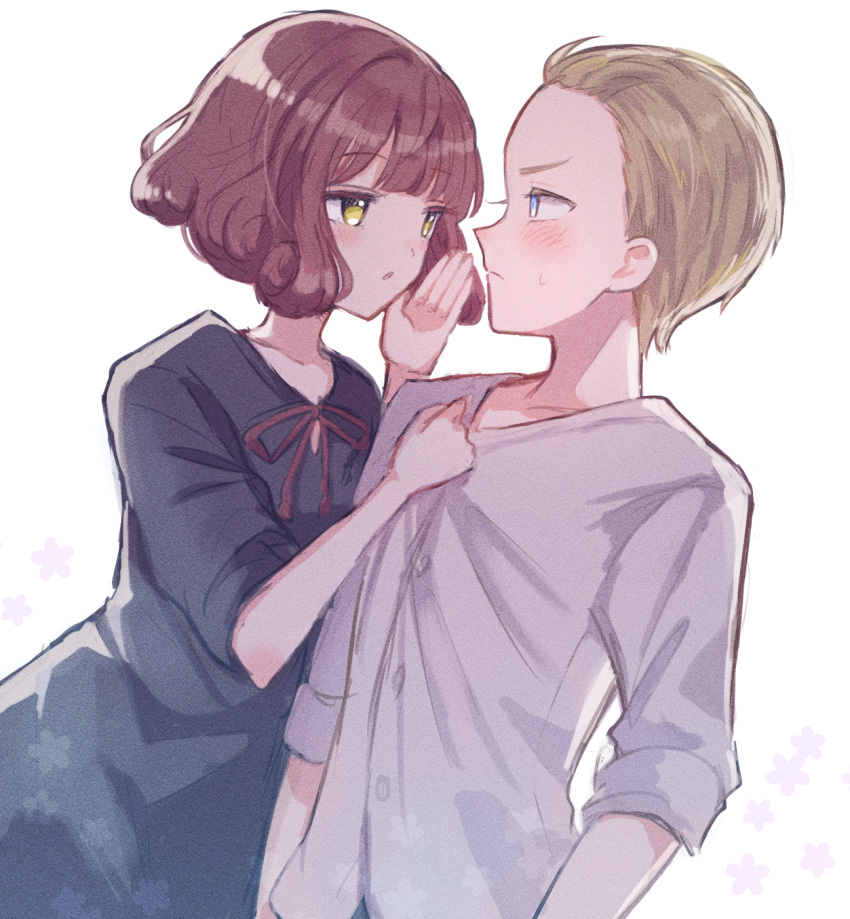 1boy, 1girl, bangs, blonde_hair, blue_dress, blue_eyes, blunt_bangs, blush