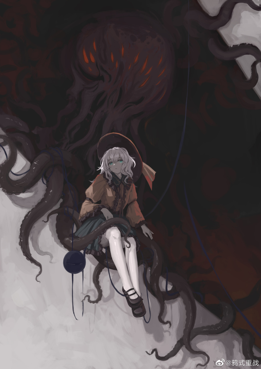 1girl, absurdres, black_footwear, black_headwear, chinese_commentary, closed_mouth, commentary, eldritch_abomination, expressionless, frilled_shirt_collar, frilled_skirt, frilled_sleeves, frills, full_body, green_eyes, green_skirt, hat, hat_ribbon, highres, komeiji_koishi, long_hair, long_sleeves, looking_at_viewer, monster, pantyhose, ribbon, shirt, sitting, skirt, solo, tentacles, third_eye, touhou, weibo_logo, weibo_username, white_hair, white_pantyhose, wide_sleeves, xii_yashizhongzhan, yellow_ribbon, yellow_shirt