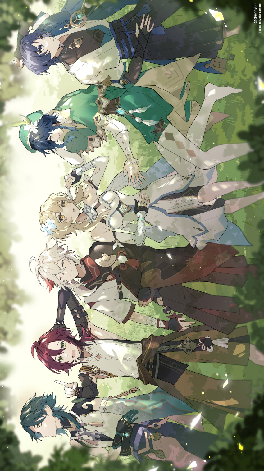 1girl, 5boys, absurdres, ahoge, arm_armor, arm_behind_head, arm_up, armpits