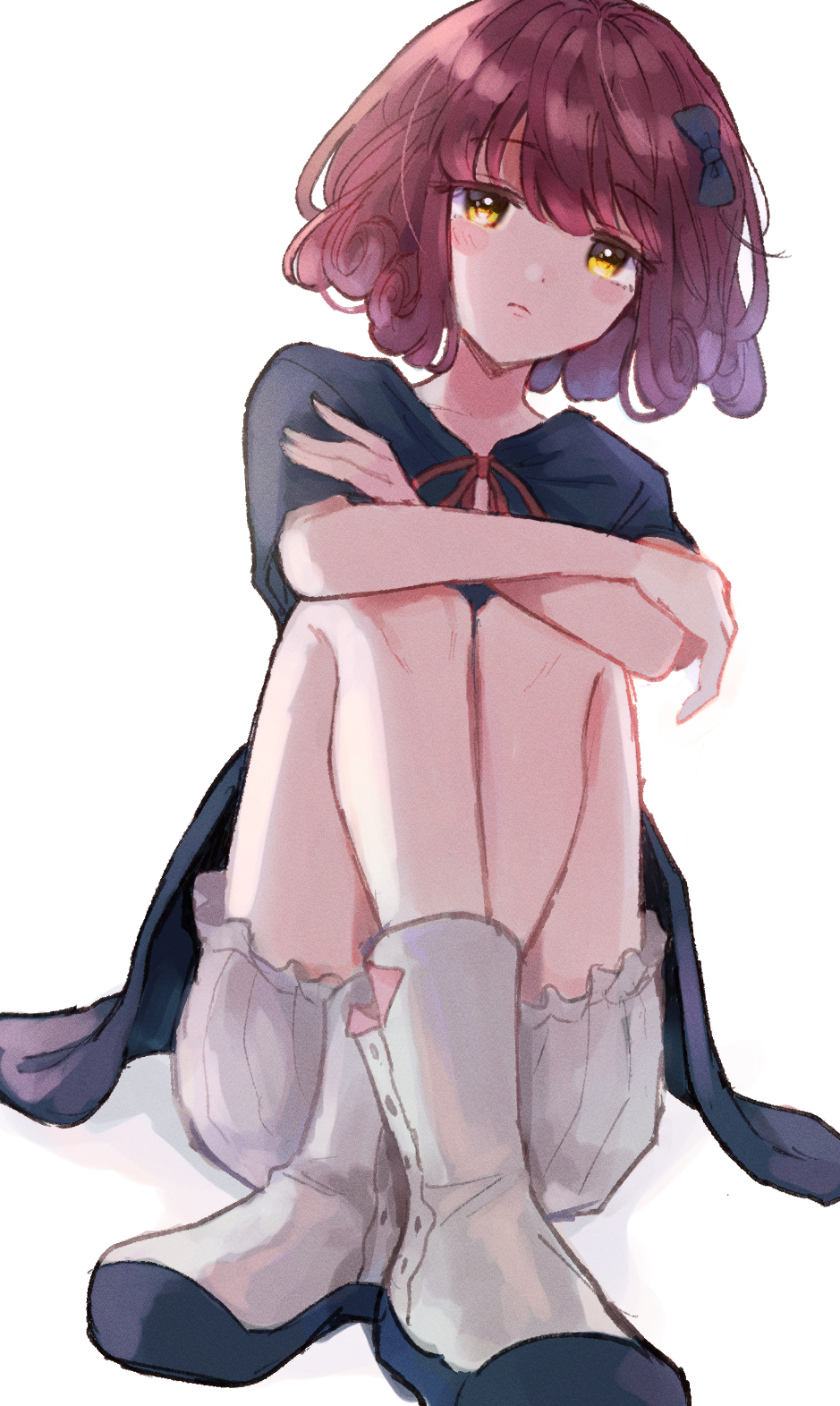 1girl, black_bow, bloomers, blue_dress, blush, bow, closed_mouth, dress