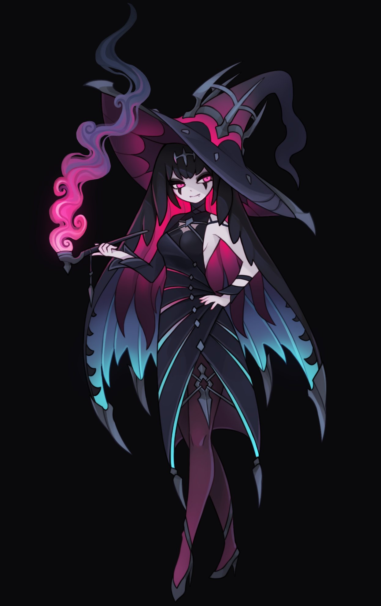 1girl, black_background, black_hair, blue_hair, breasts, colored_inner_hair, crossed_legs, english_commentary, facial_mark, fang, full_body, hand_on_hip, hat, high_heels, highres, holding, holding_smoking_pipe, long_hair, medium_breasts, multicolored_hair, original, pale_skin, pink_eyes, redhead, sideboob, single_sleeve, smoke, smoking_pipe, solo, squeaky_(artist), standing, very_long_hair, watson_cross, witch_hat