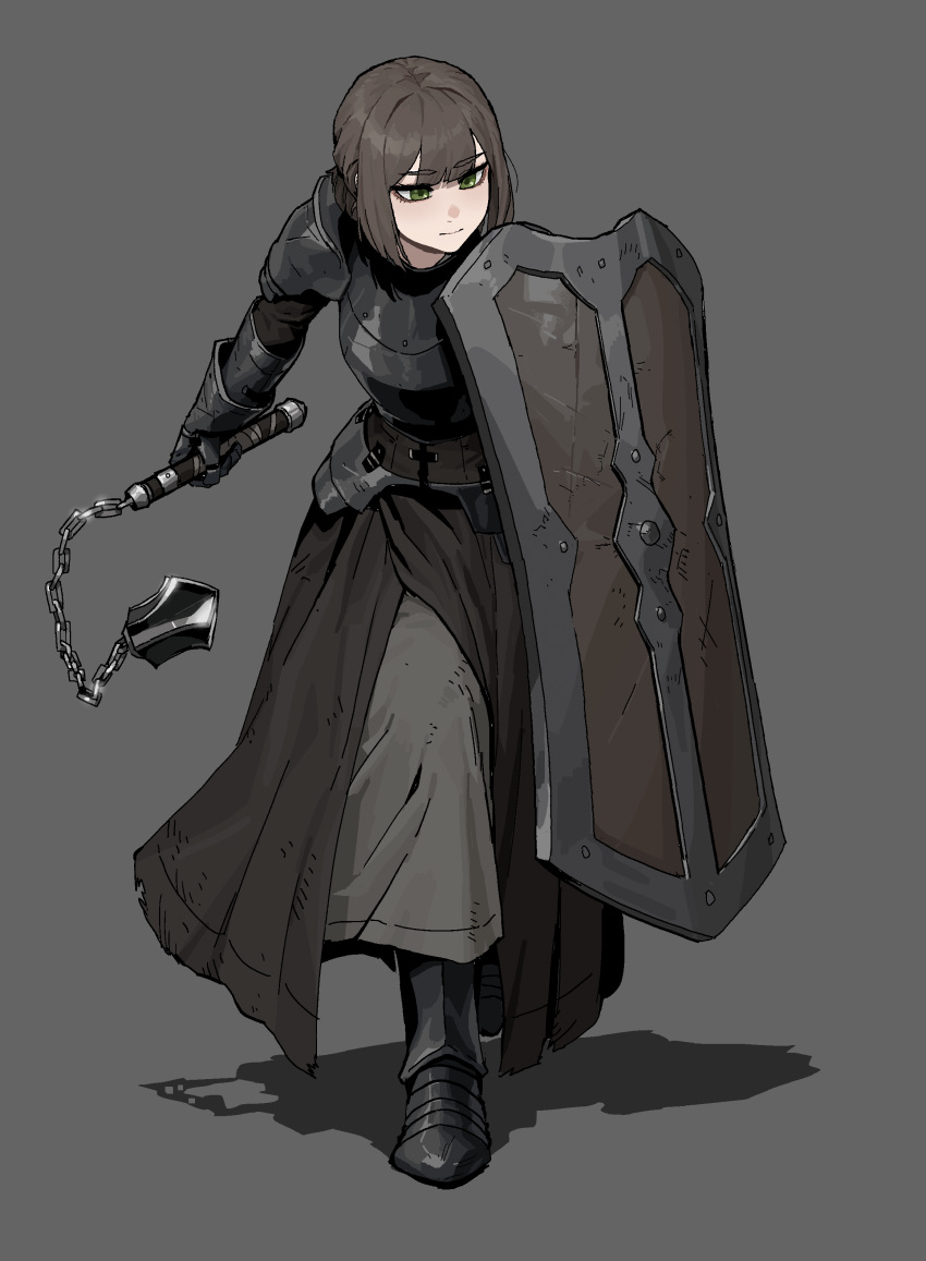 1girl, absurdres, armor, belt, breastplate, brown_hair, chain, flanged_mace, gloves, gogalking, greaves, green_eyes, grey_background, highres, holding, holding_weapon, metal, original, shield, short_hair, shoulder_armor, skirt, solo, weapon, wood