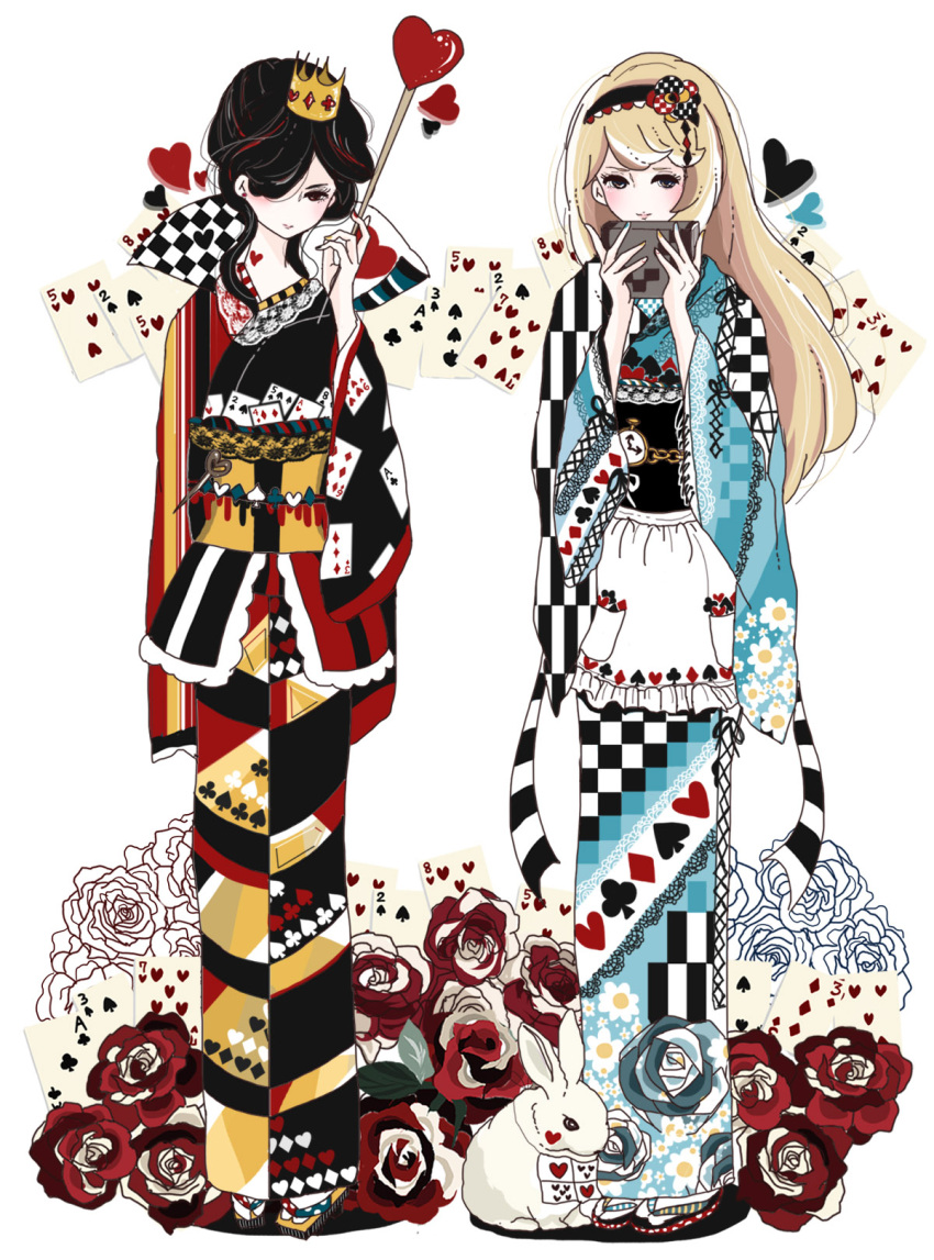 2girls, alice_(alice_in_wonderland), alice_in_wonderland, animal, bangs, black_eyes, black_hair, black_headband