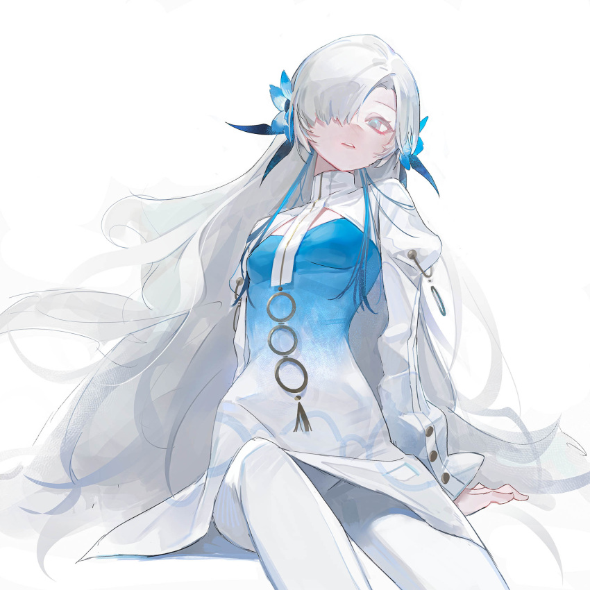 1girl, blue_dress, blue_flower, breasts, dress, flower, gradient_dress, hair_flower