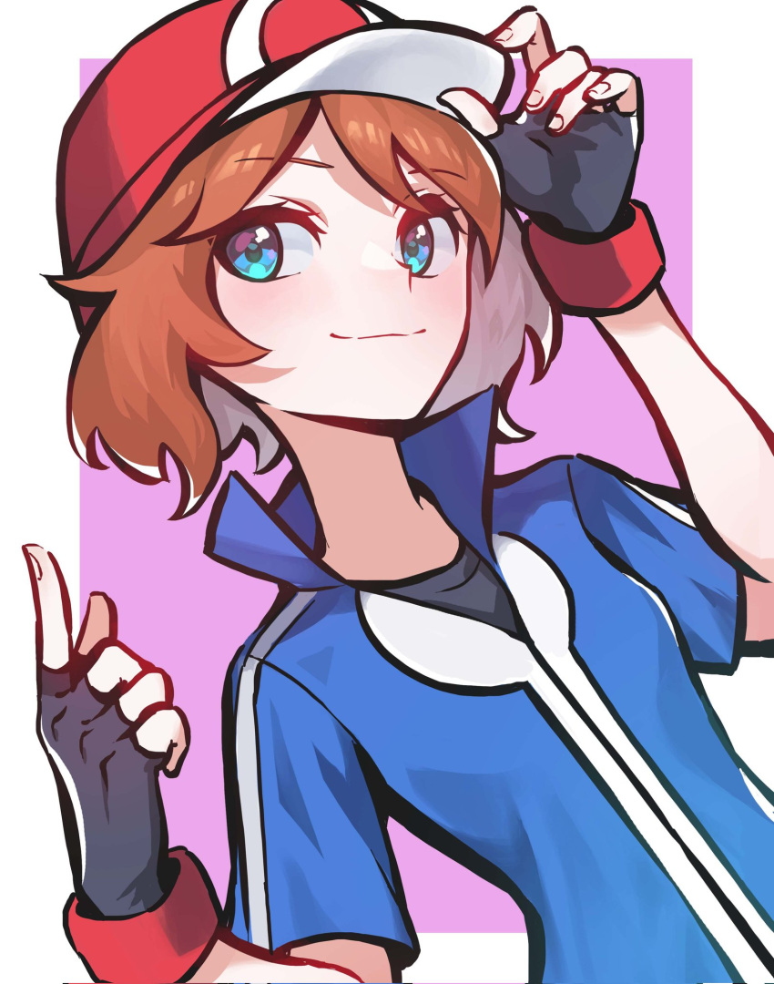 1girl, adjusting_clothes, adjusting_headwear, ash_ketchum, ash_ketchum_(cosplay), baseball_cap, black_gloves, blue_eyes