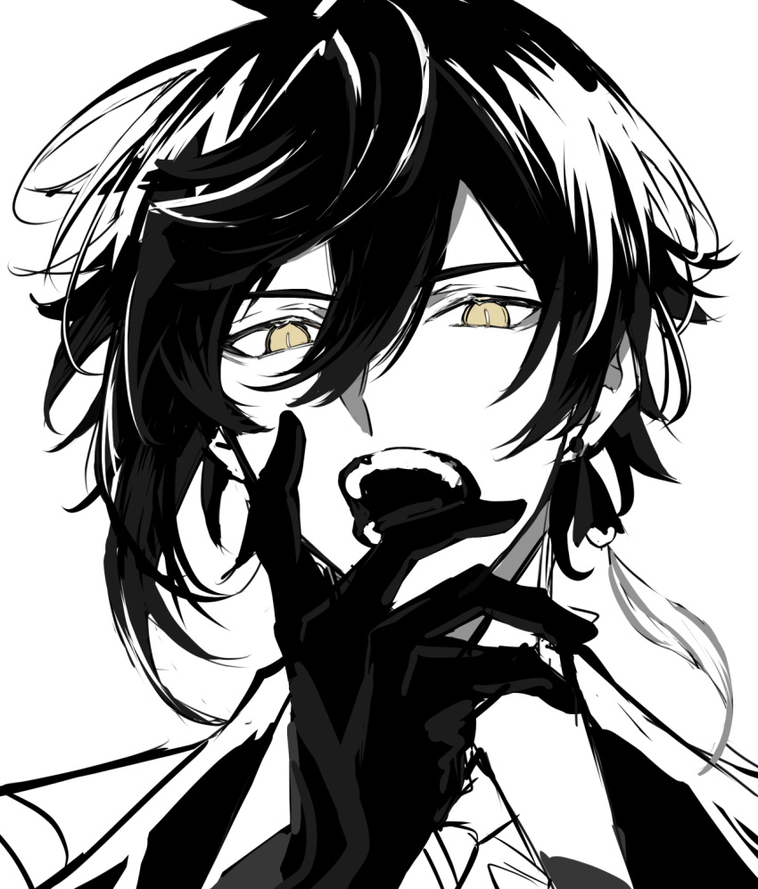 1boy, earrings, genshin_impact, gloves, greyscale, hair_between_eyes, highres, hitoyuki_00