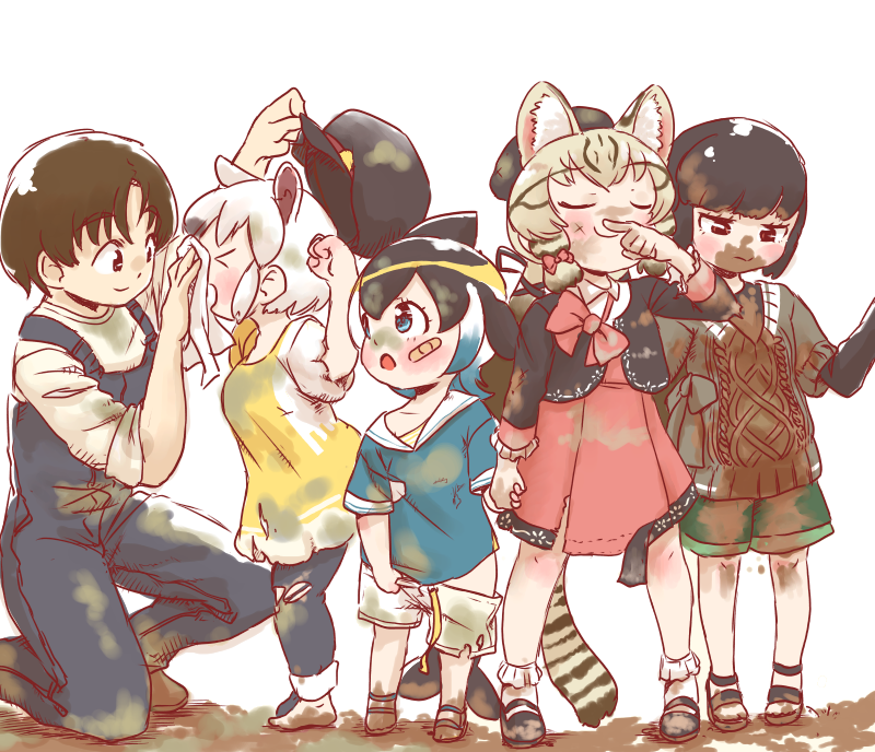 >_<, 1boy, 4girls, adelie_penguin_(kemono_friends), aged_down, alternate_costume, animal_ears, animal_print