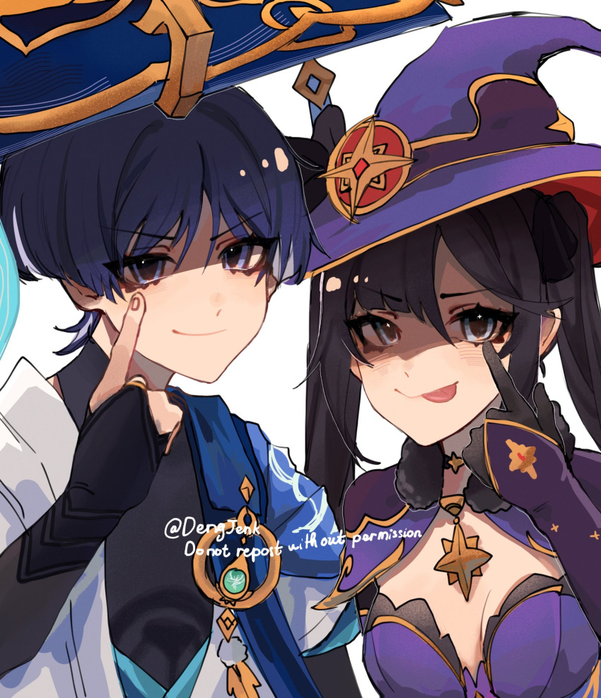 1boy, 1girl, arm_armor, artist_name, asymmetrical_bangs, bangs, black_choker, black_gloves, black_hair, black_shirt, blue_eyes, blue_hair, blue_headwear, blue_vest, blunt_ends, blush, breasts, capelet, choker, closed_mouth, crescent, crescent_hat_ornament, dengjenk, detached_sleeves, english_commentary, fingernails, fur_collar, gem, genshin_impact, gloves, gold, green_gemstone, grey_vest, hair_between_eyes, hand_on_own_face, hand_up, hat, hat_ornament, highres, jewelry, jingasa, leaf, leotard, long_hair, long_sleeves, looking_at_viewer, mandarin_collar, medium_breasts, mona_(genshin_impact), necklace, official_alternate_costume, open_clothes, open_vest, pointing, pom_pom_(clothes), purple_capelet, purple_headwear, purple_leotard, ring, scaramouche_(genshin_impact), shirt, short_hair, short_sleeves, sidelocks, simple_background, sleeveless, sleeveless_shirt, smile, star_(symbol), star_hat_ornament, tongue, tongue_out, twintails, two-tone_vest, upper_body, v-shaped_eyebrows, vest, vision_(genshin_impact), wanderer_(genshin_impact), watermark, white_background, witch_hat