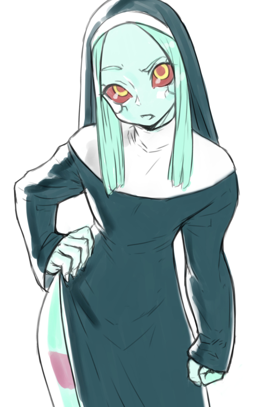 1girl, artificial_eye, black_dress, breasts, catholic, colored_sclera, colored_skin, cross