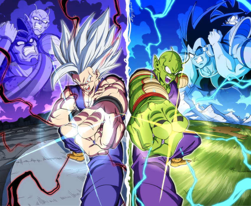 5boys, absurdres, amputee, big_hair, black_hair, cell_max, colored_skin, dragon_ball