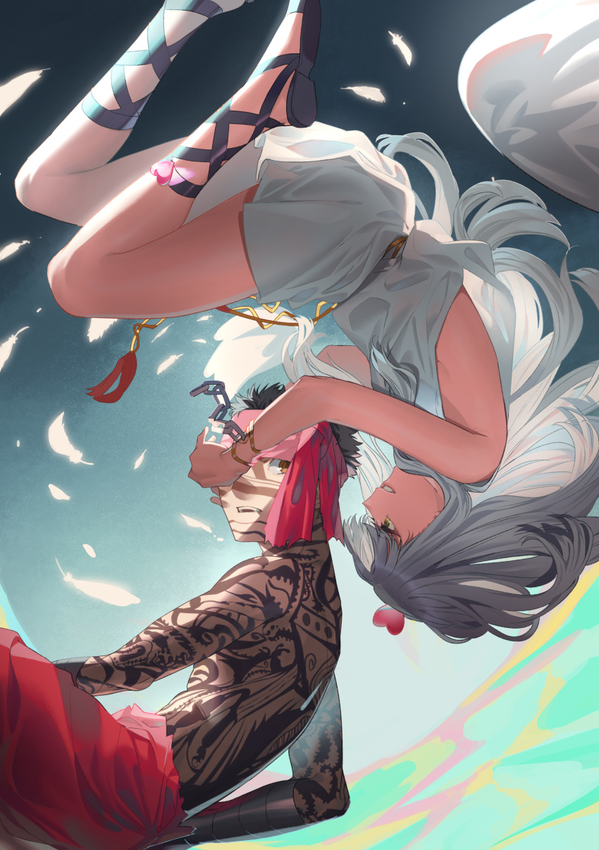 1boy, 1girl, absurdres, angra_mainyu_(fate), armlet, bandana, bangs, bare_shoulders