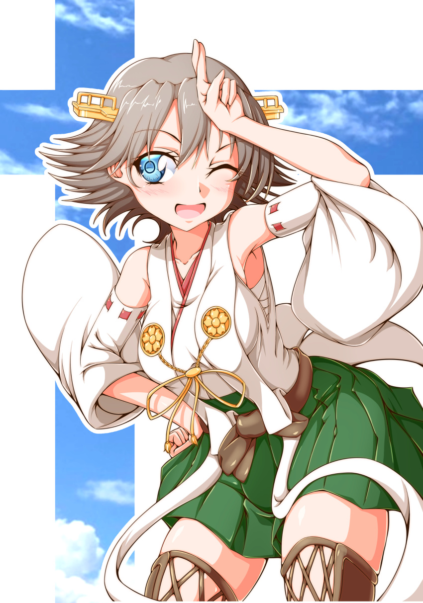 1girl, absurdres, boots, breasts, brown_hair, cowboy_shot, detached_sleeves, flipped_hair