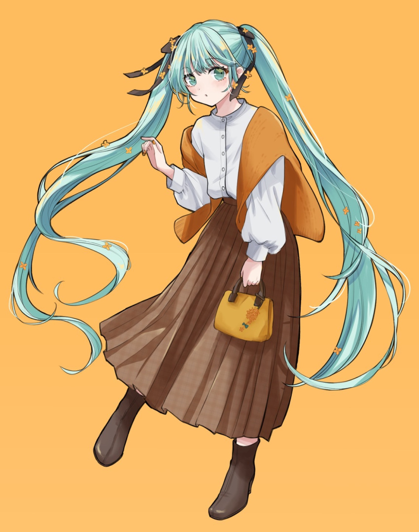 1girl, bag, bangs, blue_eyes, blue_hair, blush, boots, flower
