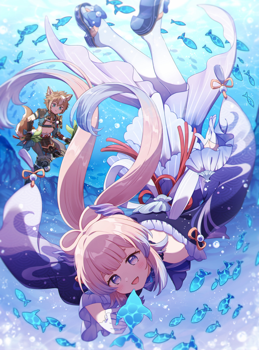 1boy, 1girl, :d, animal_ears, bangs, belt, blue_eyes, blue_hair, blunt_bangs, blush, bow, bow-shaped_hair, brooch, brown_hair, bubble, collar, colored_tips, commentary_request, crop_top, detached_collar, detached_sleeves, dog_boy, dog_ears, dog_tail, fish, foreshortening, frilled_collar, frilled_sleeves, frills, genshin_impact, gloves, gorou_(genshin_impact), gradient_hair, hair_between_eyes, hair_ornament, highres, holding_breath, igote, japanese_clothes, jewelry, long_hair, looking_at_another, low_twintails, multicolored_hair, navel, nontraditional_miko, ocean, open_mouth, pants, pink_hair, sangonomiya_kokomi, shiny, shiny_hair, sidelocks, smile, stomach, streaked_hair, sumipic, swimming, tail, twintails, underwater, upside-down, violet_eyes, white_hair, wide_sleeves