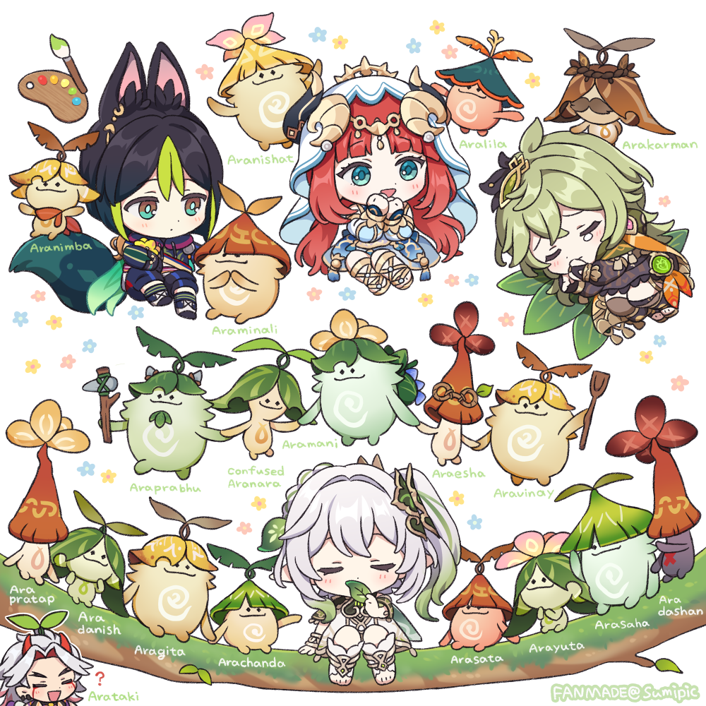 2boys, 3girls, 6+others, :d, ?, ^_^, ^o^, animal_ear_fluff, animal_ears, aranara_(genshin_impact), arataki_itto, bangs, black_hair, blue_eyes, blunt_bangs, braid, character_name, chibi, closed_eyes, collei_(genshin_impact), commentary, dancer, detached_sleeves, dog_boy, dog_ears, earrings, easel, english_commentary, fake_horns, fox_boy, fox_ears, genshin_impact, gradient_hair, green_hair, grey_hair, hair_between_eyes, hair_ornament, headdress, headpiece, holding, holding_leaf, horns, jewelry, leaf, long_hair, long_sleeves, looking_at_viewer, low_twintails, multicolored_hair, multiple_boys, multiple_girls, multiple_others, nahida_(genshin_impact), nilou_(genshin_impact), oni, oni_horns, open_mouth, paintbrush, pointy_ears, ponytail, redhead, short_sleeves, side_ponytail, sidelocks, simple_background, single_braid, single_earring, sitting, smile, streaked_hair, sumipic, tassel, tears, tighnari_(genshin_impact), twintails, twitter_username, veil, vision_(genshin_impact), white_background