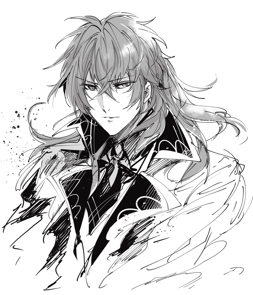 1boy, absurdres, bangs, closed_mouth, collared_shirt, diluc_(genshin_impact), expressionless, floating_hair, genshin_impact, greyscale, hair_behind_ear, hair_between_eyes, highres, jacket, long_hair, looking_to_the_side, male_focus, merry_(secilhodoshima), monochrome, necktie, portrait, shirt, simple_background, sketch, solo, twitter_username, v-shaped_eyebrows, white_background
