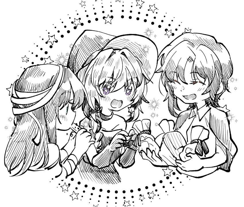 +_+, 3girls, ^_^, absurdres, bag, bangs, blue_eyes, bukiyou_na_senpai