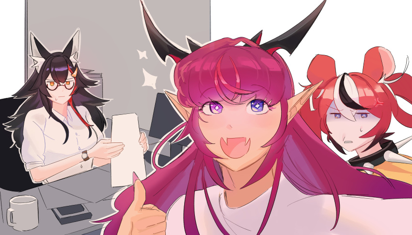 3girls, absurdres, anger_vein, animal_ear_fluff, animal_ears, black_hair, blue_eyes, desk