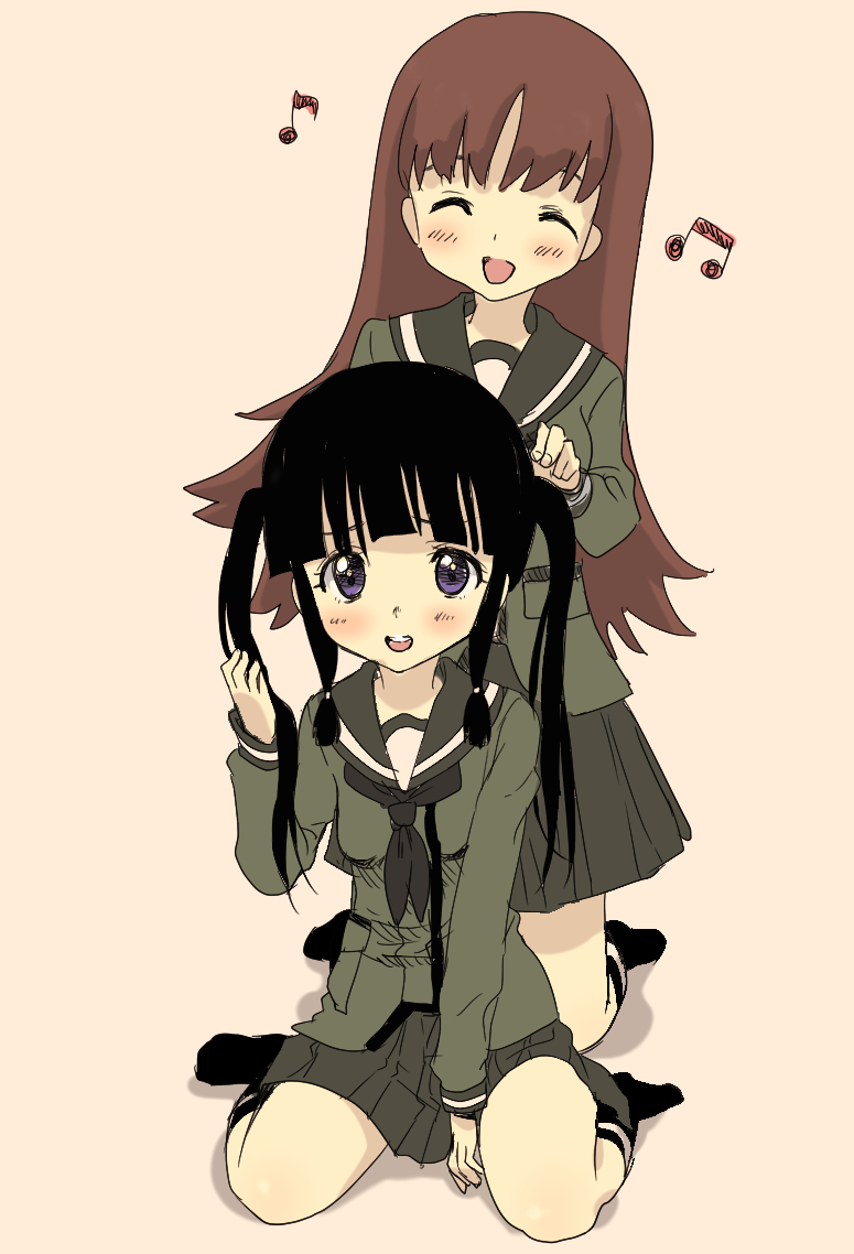 2girls, alternate_hairstyle, bangs, beamed_eighth_notes, black_hair, black_neckerchief, blunt_bangs, brown_background