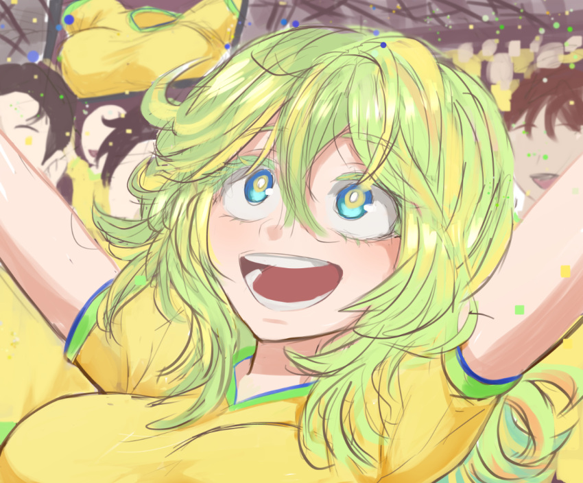 1girl, :d, arms_up, blue_eyes, boku_no_hero_academia, crowd, green_hair, hagakure_tooru, invisible, jersey, light_green_hair, luizhtx, messy_hair, open_mouth, people, smile, soccer, solo_focus, stadium, unusually_visible