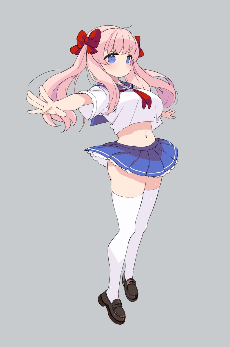 1girl, bangs, blue_eyes, blue_sailor_collar, blue_skirt, bow, breasts, brown_footwear