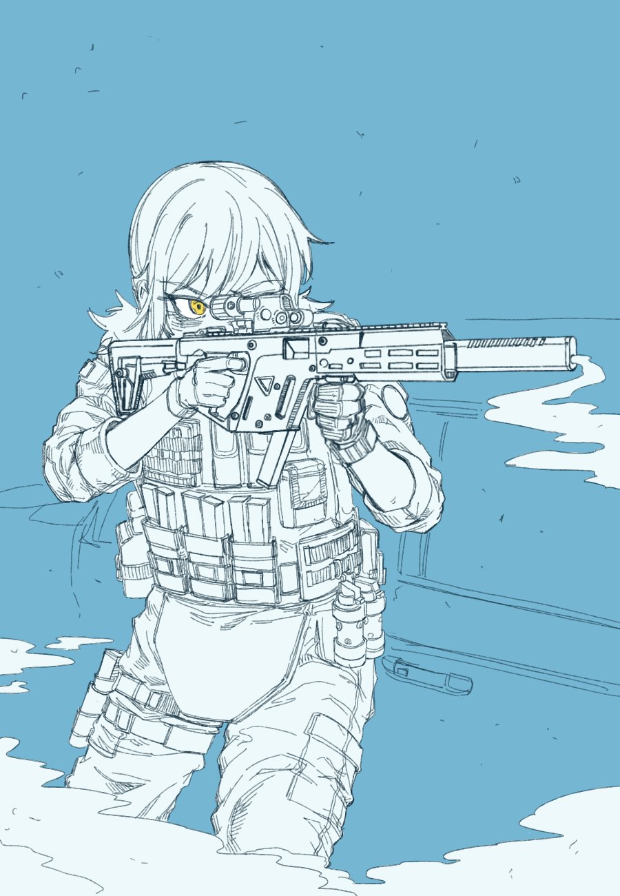 1girl, aiming, bangs, blue_background, commentary, gloves, gun, highres
