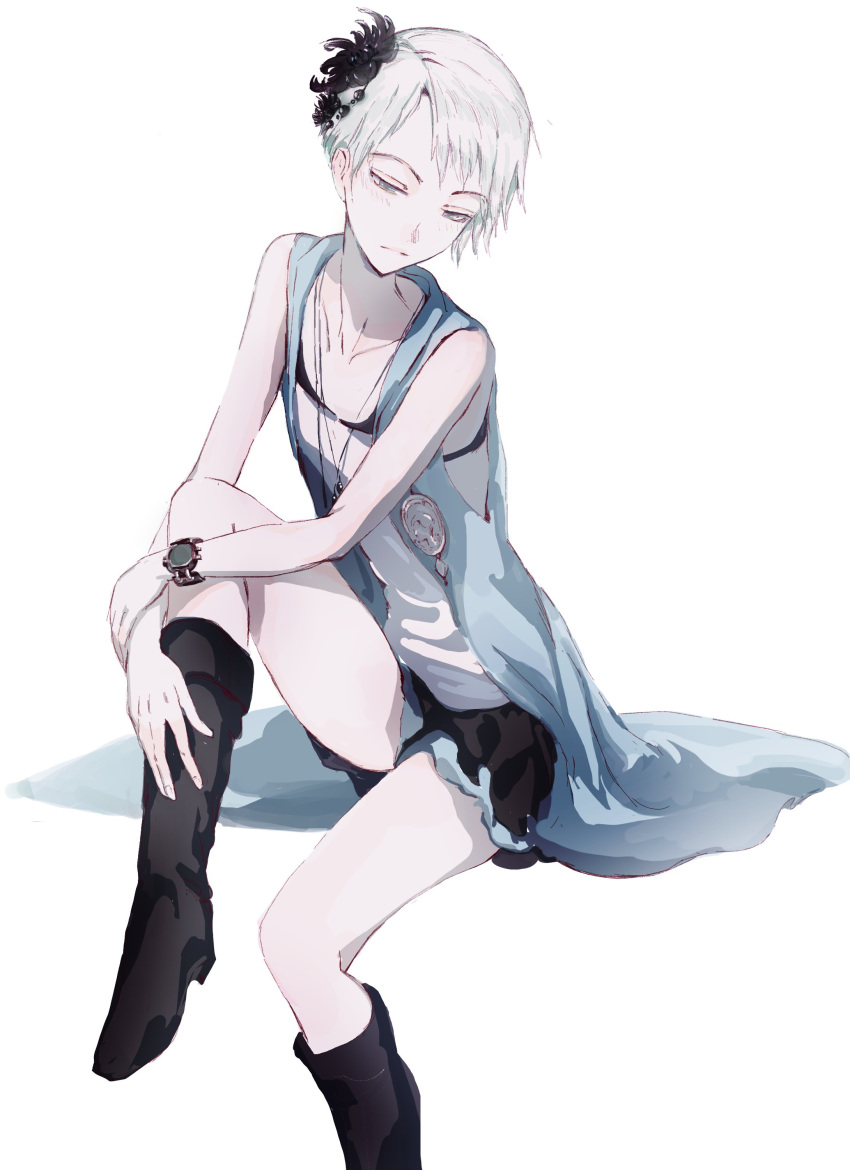 1girl, absurdres, black_footwear, boots, closed_mouth, grey_eyes, hair_ornament, highres