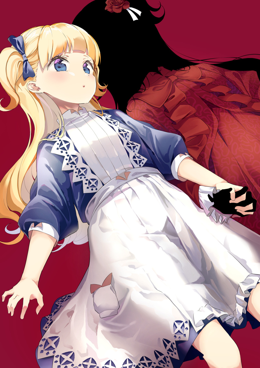 2girls, absurdres, apron, bangs, black_hair, black_skin, blonde_hair, blue_bow