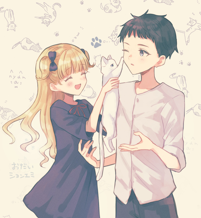 1boy, 1girl, bangs, blonde_hair, blue_bow, blue_dress, blue_eyes, blunt_bangs