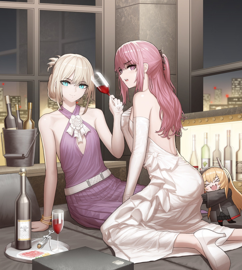 >_<, 3girls, alcohol, alternate_costume, an-94_(girls'_frontline), bottle, bucket, cheogtanbyeong, chibi, cityscape, cleavage_cutout, clothing_cutout, corkscrew, cup, dress, drinking_glass, elbow_gloves, girls_frontline, gloves, high_heels, highres, hug, hug_from_behind, m4_sopmod_ii_jr, multiple_girls, night, purple_dress, red_wine, st_ar-15_(girls'_frontline), white_dress, wine, wine_bottle, wine_glass
