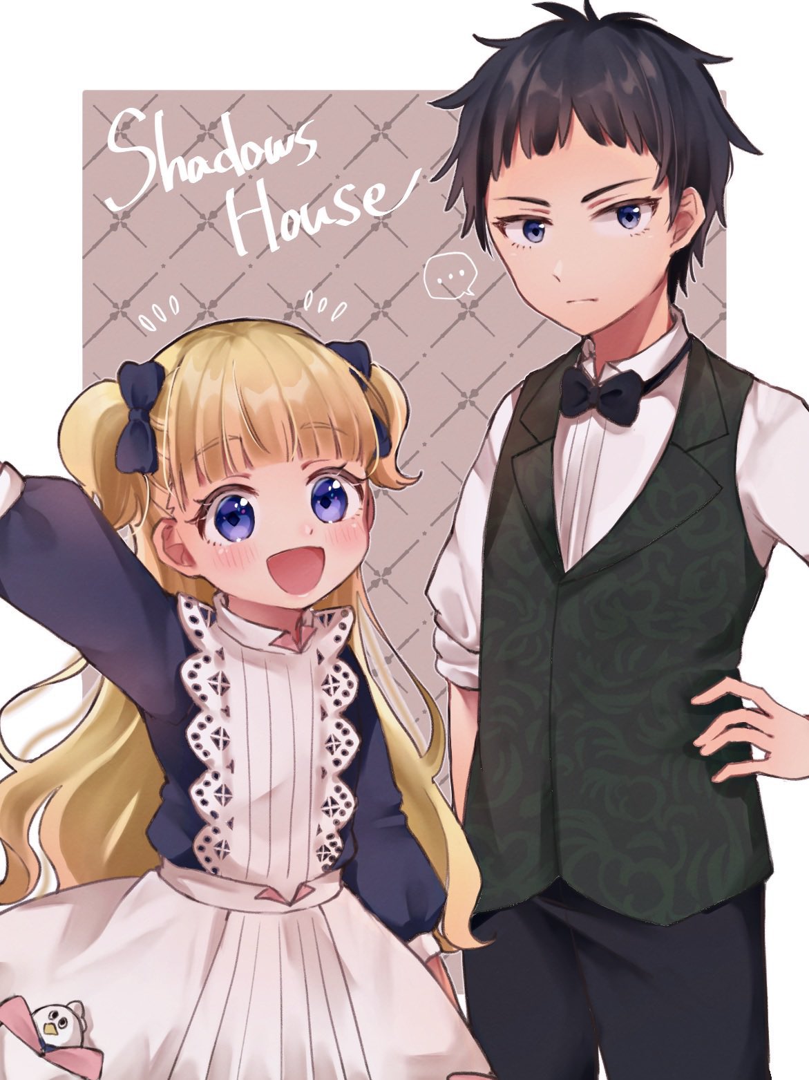 1boy, 1girl, apron, arm_up, bangs, black_bow, black_hair, blonde_hair